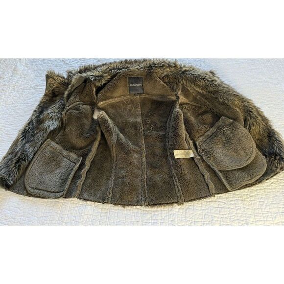 Maurice's Faux Leather Fur Asymmetrical Gun Metal Green Vest Jacket Womens Small - Picture 8 of 10
